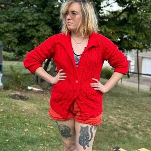 Vintage Sears Cherry Red Chunky Knit Cardigan, Cable Knit, Pockets, Medium